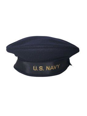 Vintage WW2 USN US Navy Blue Wool Sailor Hat 7 1/2 Leather Sweatband Ribbon